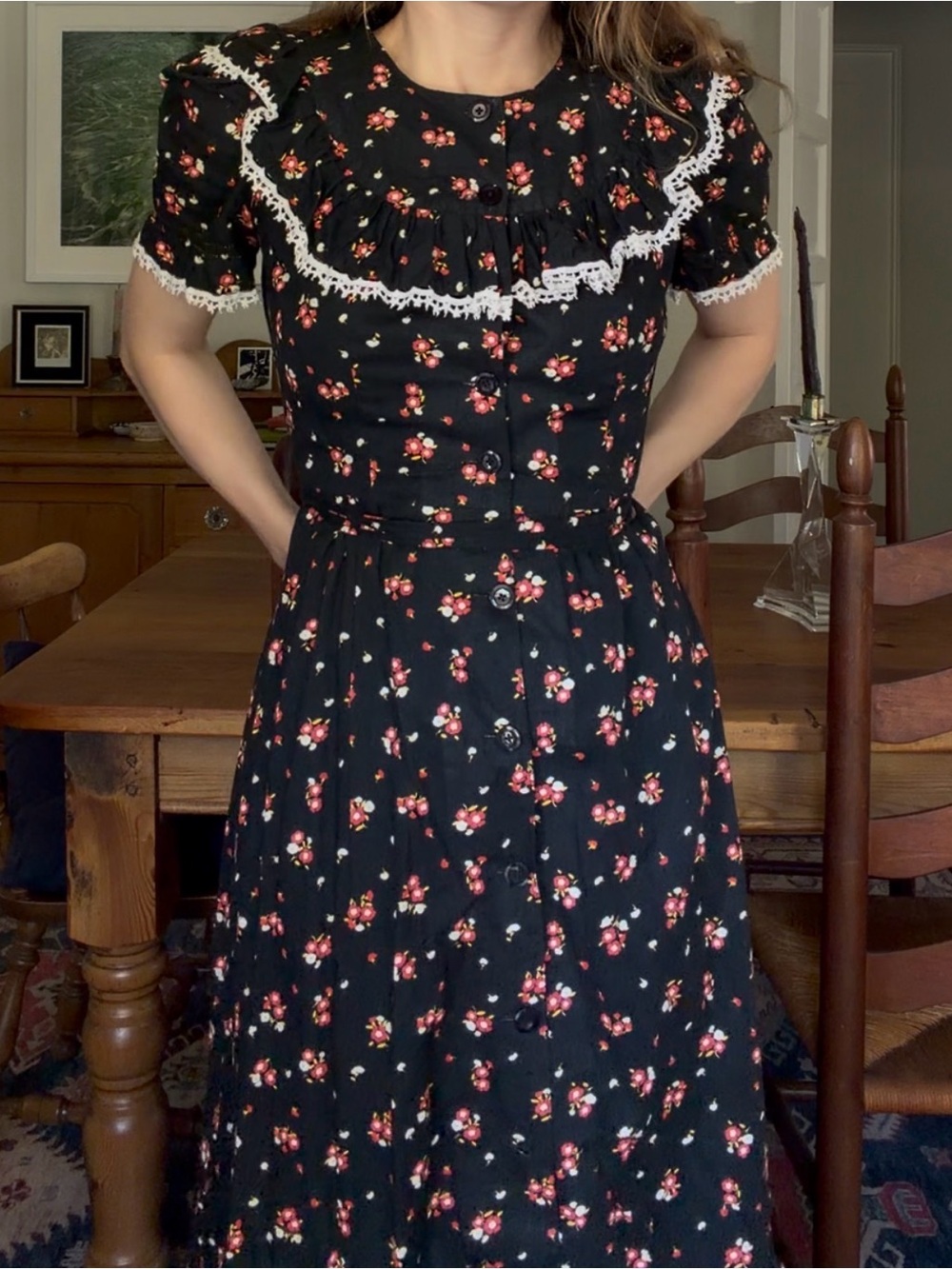 Vintage Black Floral Dress with Lace Trim